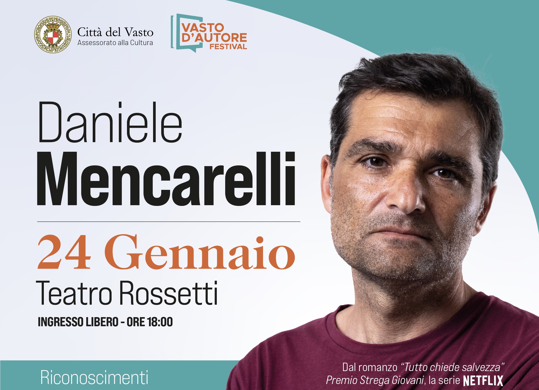 Daniele Mencarelli, Premio Strega Giovani, nella prima data extra di Vasto d’Autore Festival 2025