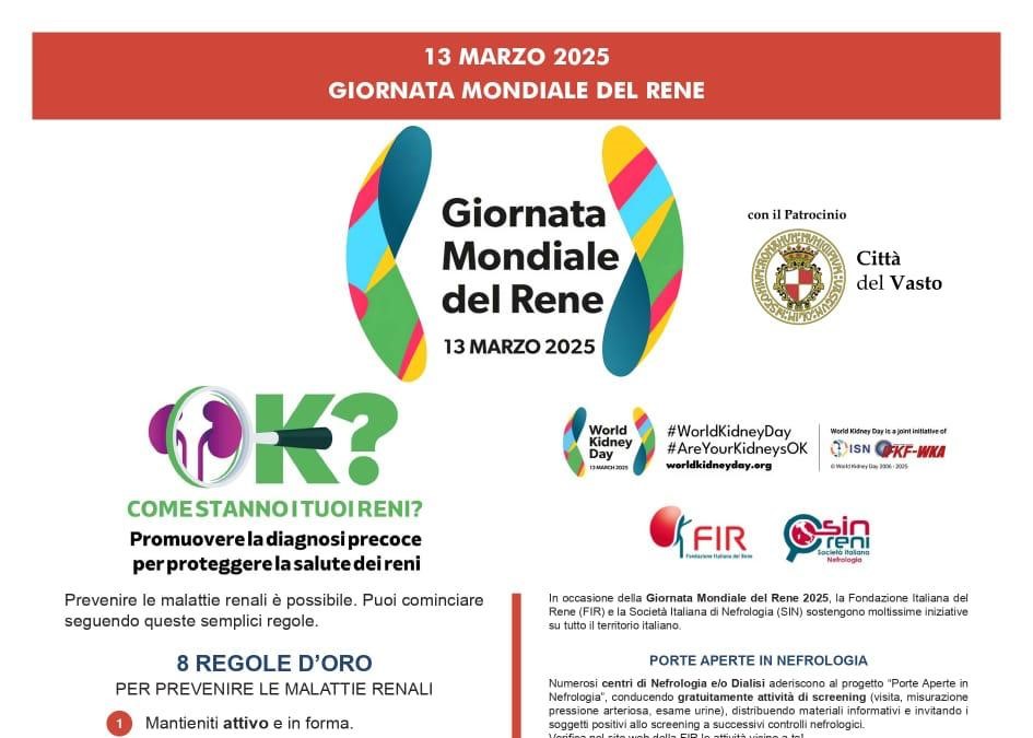 Giornata Mondiale del Rene 2025, a Vasto porte aperte in Nefrologia